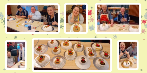 Members decorating rudolph cakes